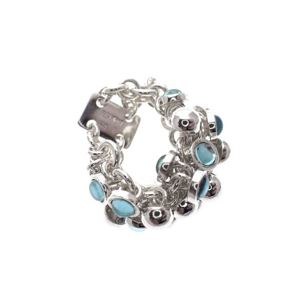 zilveren schakel ring met bedeltjes blauw
