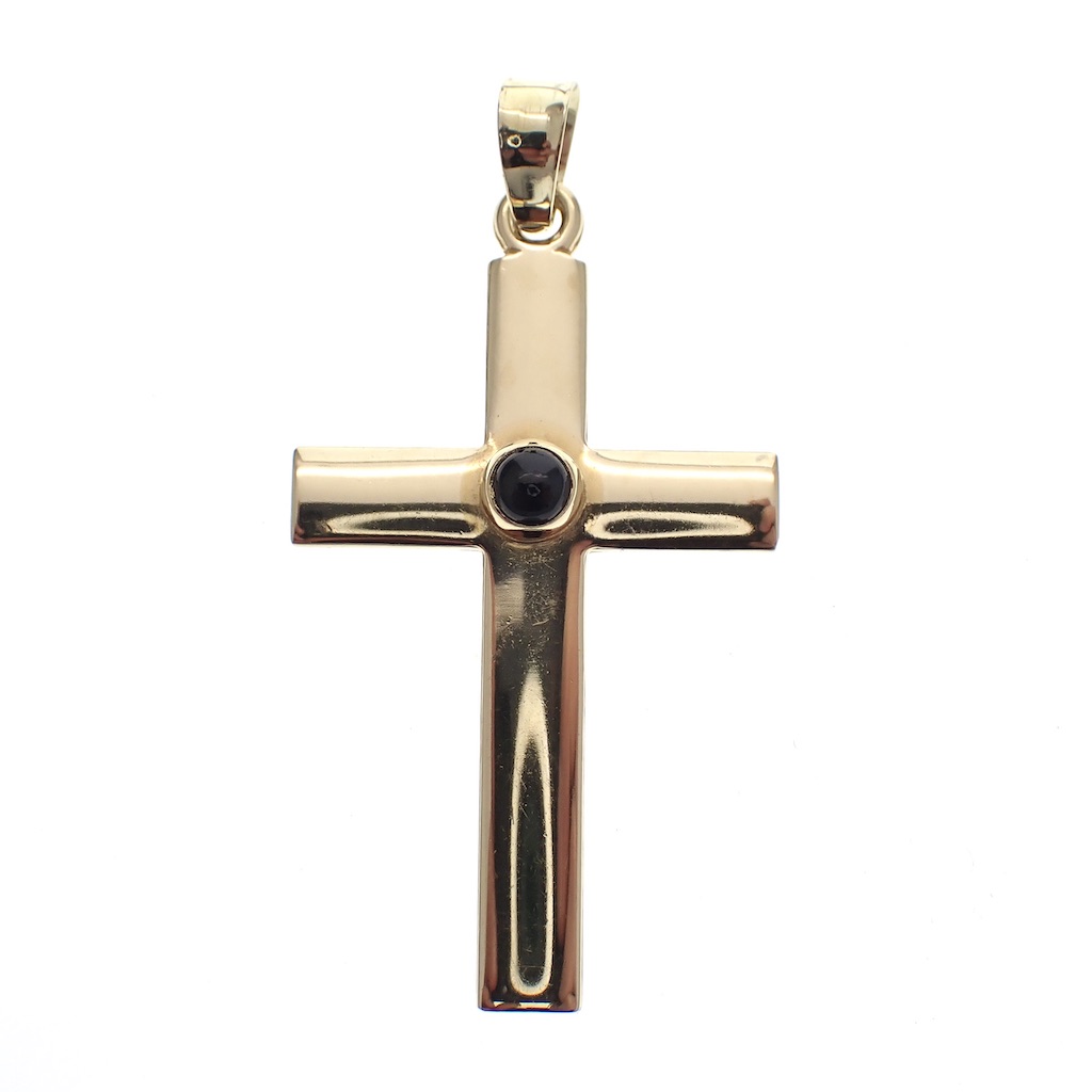 Gouden hanger van het kruis met saffier -