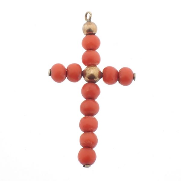 8 karaat geelgouden hanger van een kruis met bloedkoraal