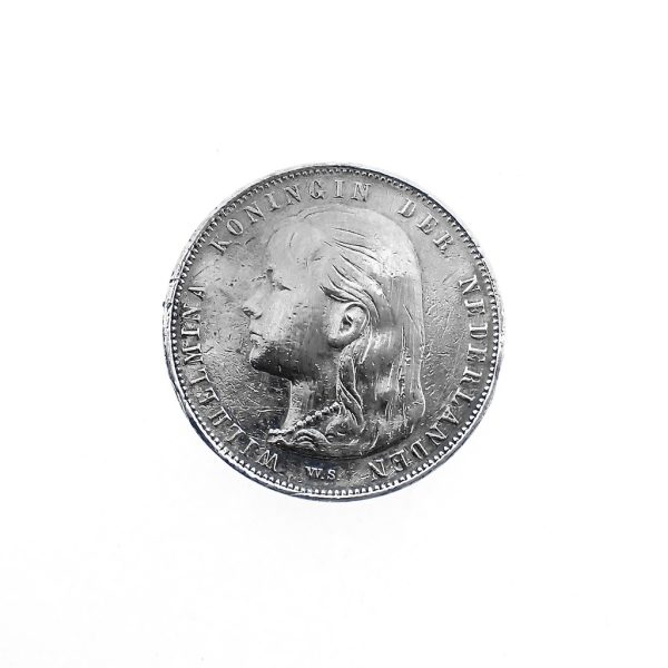 zilveren munt van wilhelmina met lang loshangend haar 1 gulden