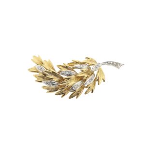 18 karaat bicolor gouden blad broche met diamant