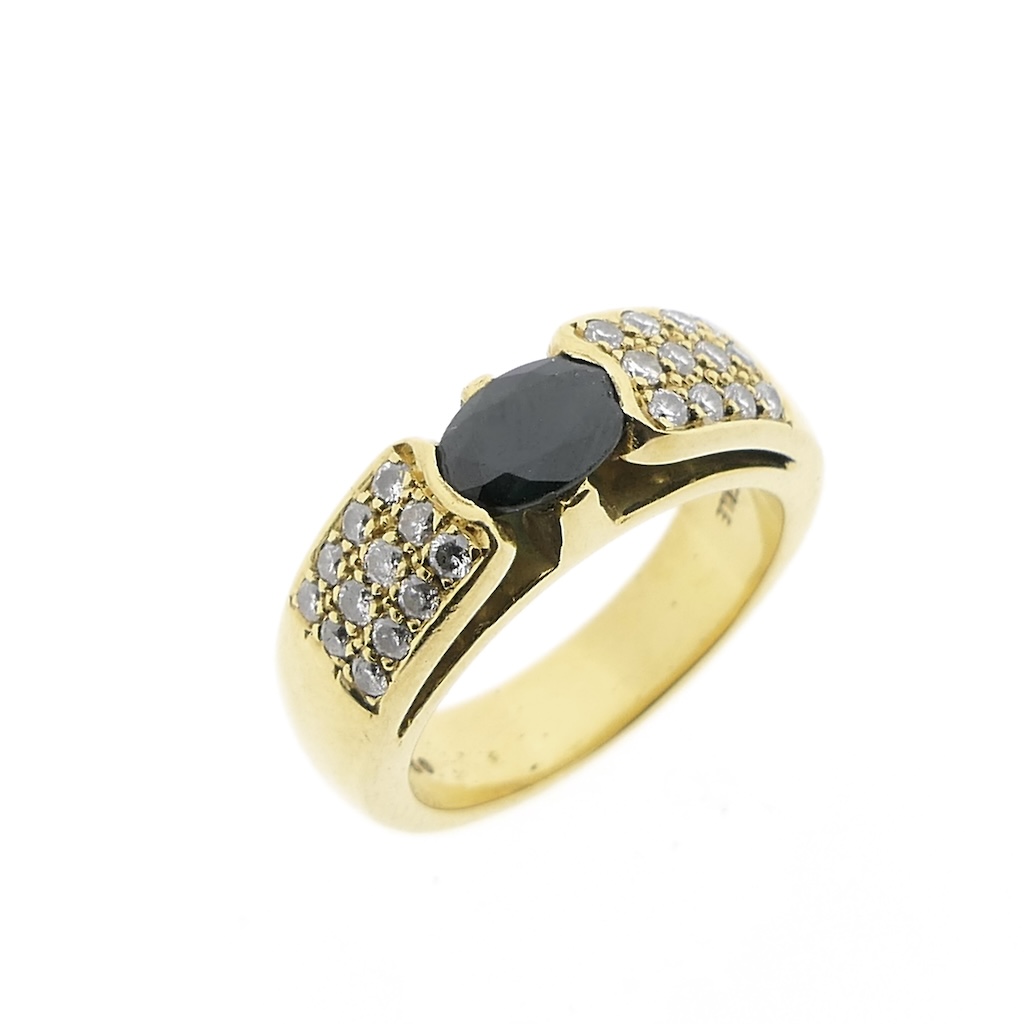 Ring, Saffier, Diamant, Baguette, 14K — De Gouden Eeuw