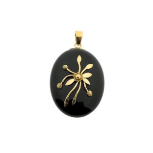 14 karaat geelgouden medaillon met onyx steen, er kan een foto in geplaatst worden