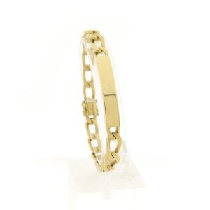 14 karaat exclusief gouden platte gourmet schakel armband met graveerplaat; BREV | 21,5 cm