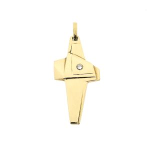 14 karaat gouden hanger van een abstract kruis met diamant | 0,05 ct.