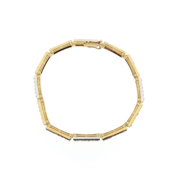 18 Krt. Gouden staafjes schakel armband met robijn en diamant; 0,72 ct. | 17,5 cm