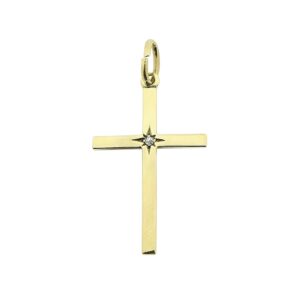 14 karaat gouden hanger van een kruis met diamant | 0,01 ct.