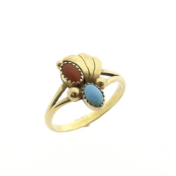 Vintage 14 karaat gouden ring met turquoise en bloedkoraal