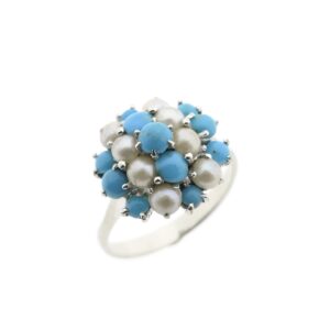 Witgouden entourage ring met parel en turquoise