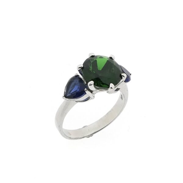 zilveren ring gezet met groene en blauwe zirconia stenen