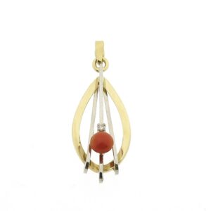 14 karaat bicolor gouden hanger met diamant en bloedkoraal