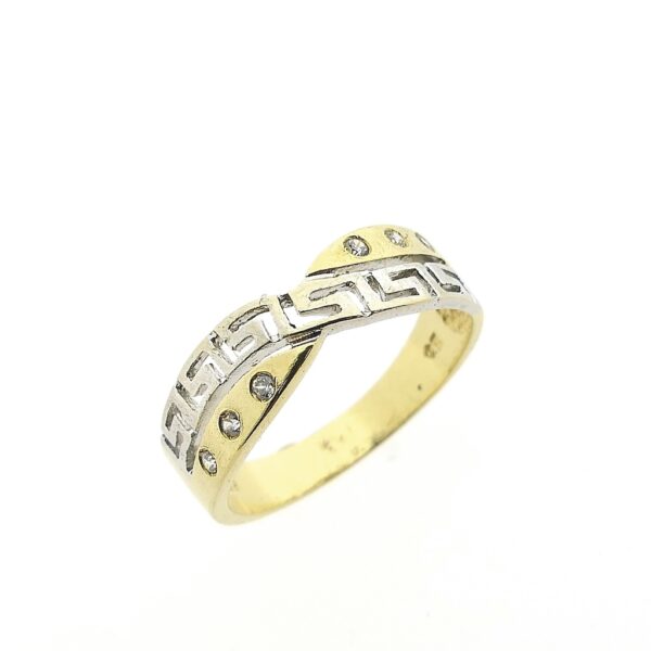 14 karaat bicolor gouden ring met zirconia en meander patroon